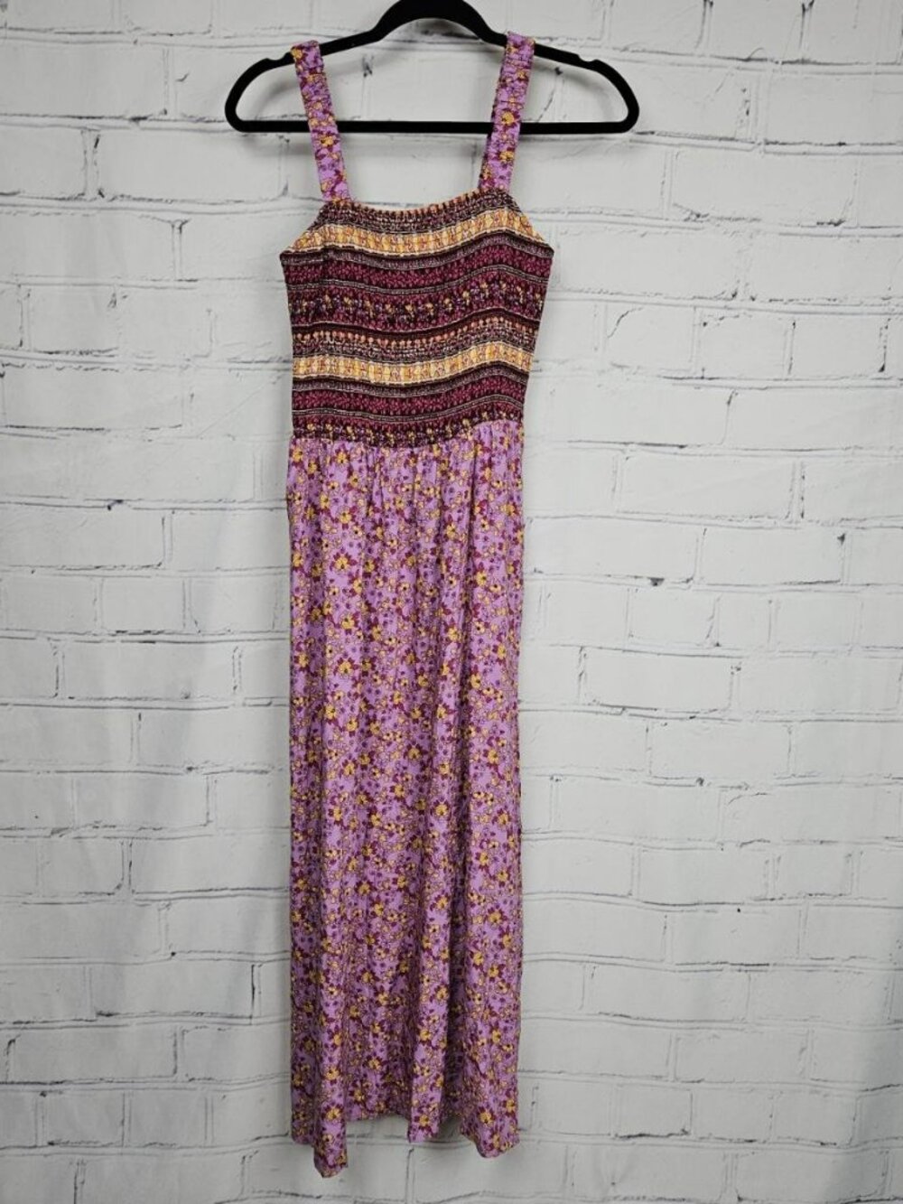 Floral Smocked Maxi Dress Purple Yellow Womens M Dokotoo Pockets Beachy Boho nwt